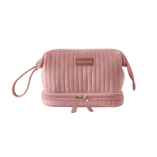 Large Capacity Double Layer Travel Makeup Bag - Quilted Aesthetic Toiletry Organizer & Cosmetic Case